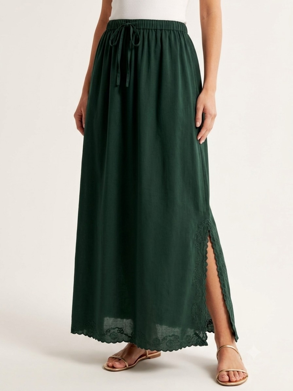 Universal Thread Dark Green Maxi Skirt with Lace-Trim Side Slit
